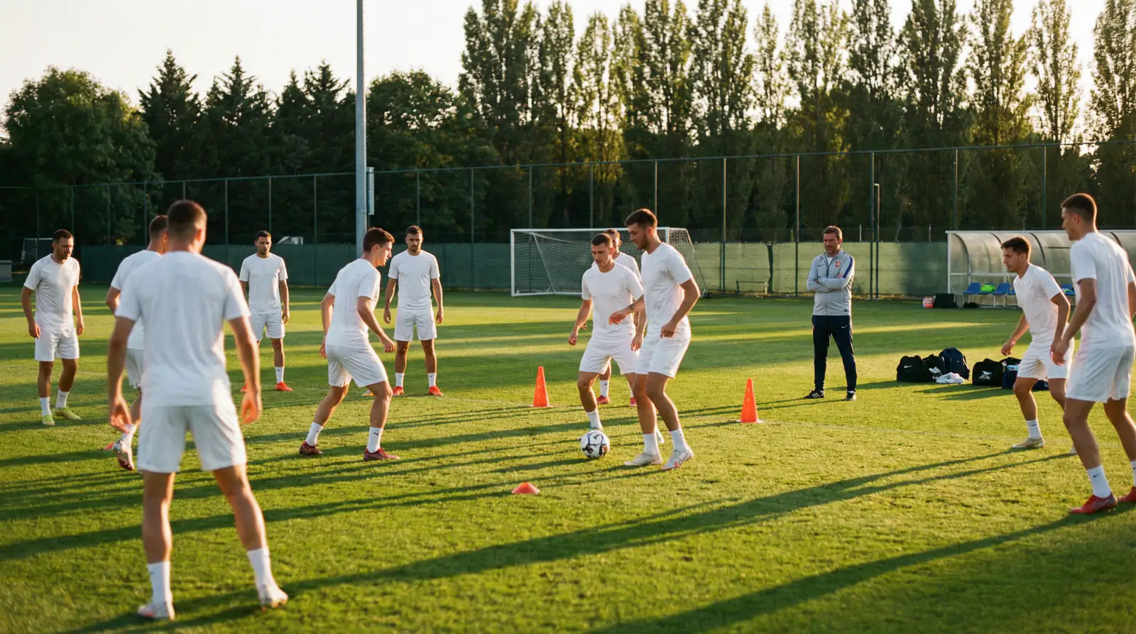 Football players in white jerseys training on a green pitch with cones and goals visible in the background