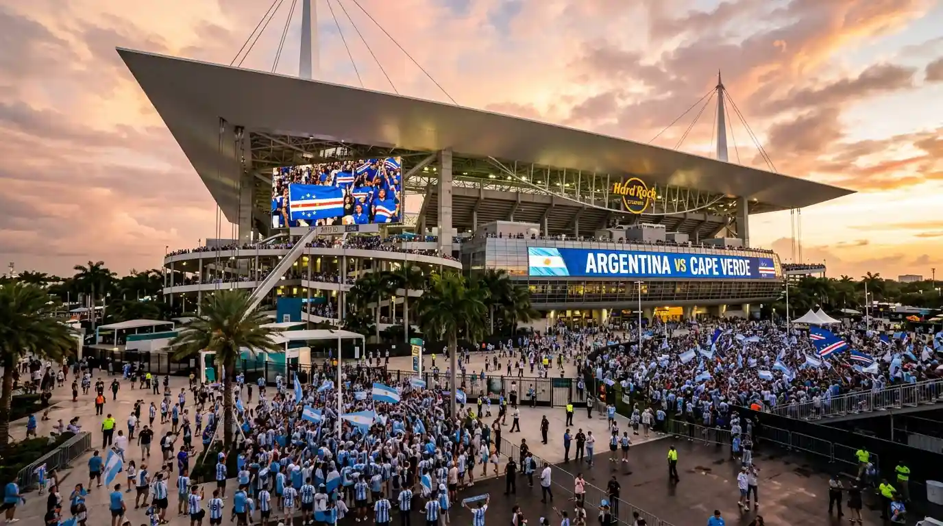 A wide-angle shot of Hard Rock Stadium set up for the World Cup with Argentine and Cape Verdean supporters