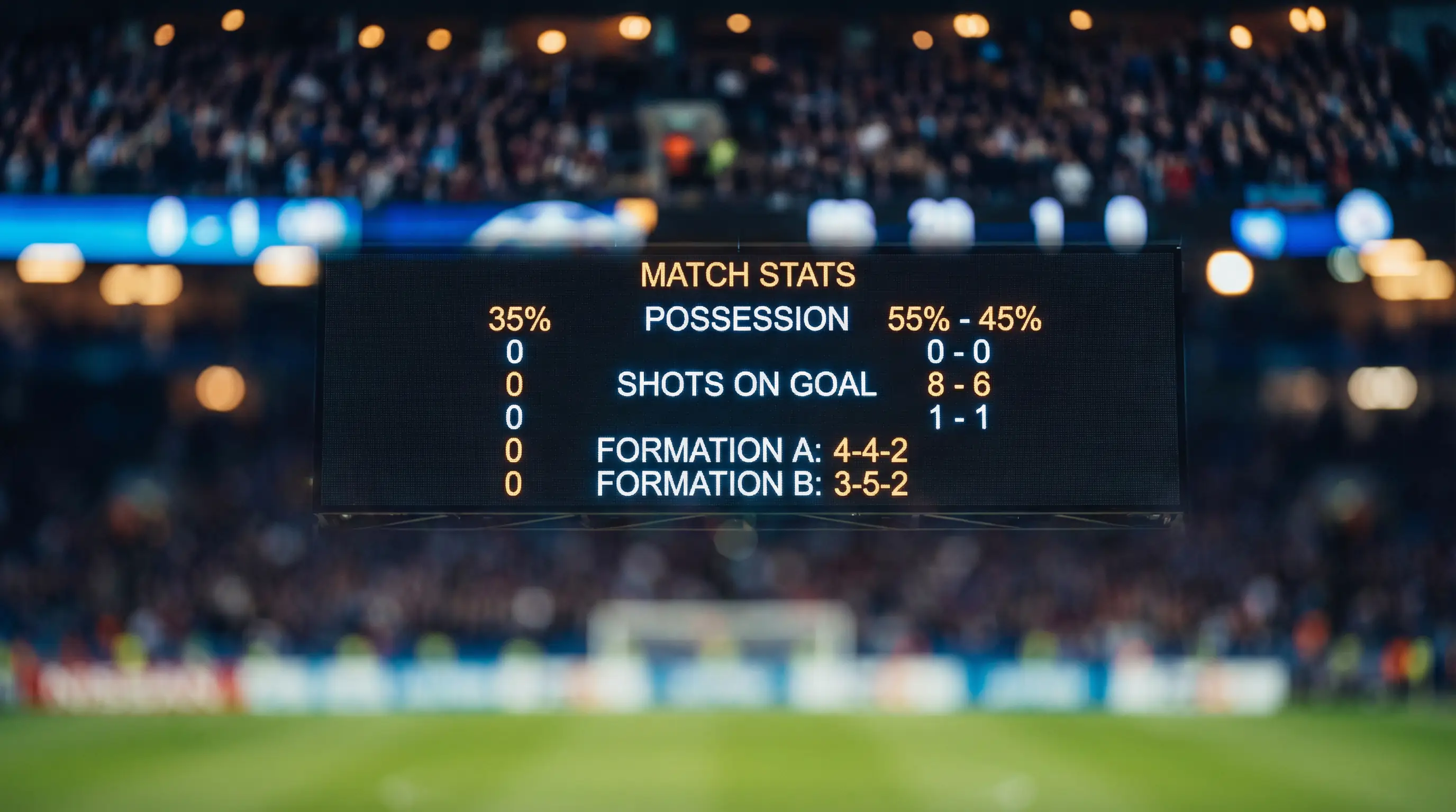 Close-up of a digital scoreboard at a football stadium showing match statistics and team lineups