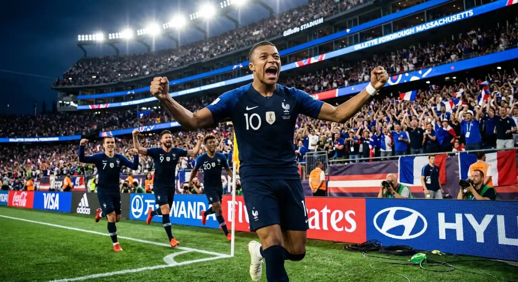 Kylian Mbappé wheeling away in celebration in front of France supporters at Gillette Stadium