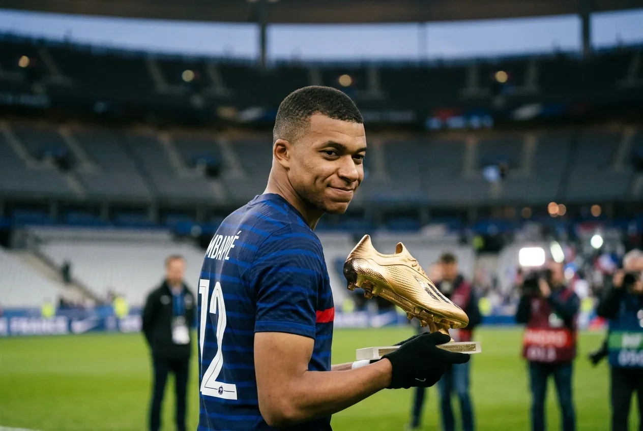 Kylian Mbappé holds the FIFA Golden Boot trophy while wearing France's blue jersey, his expression a mix of pride and disappointment