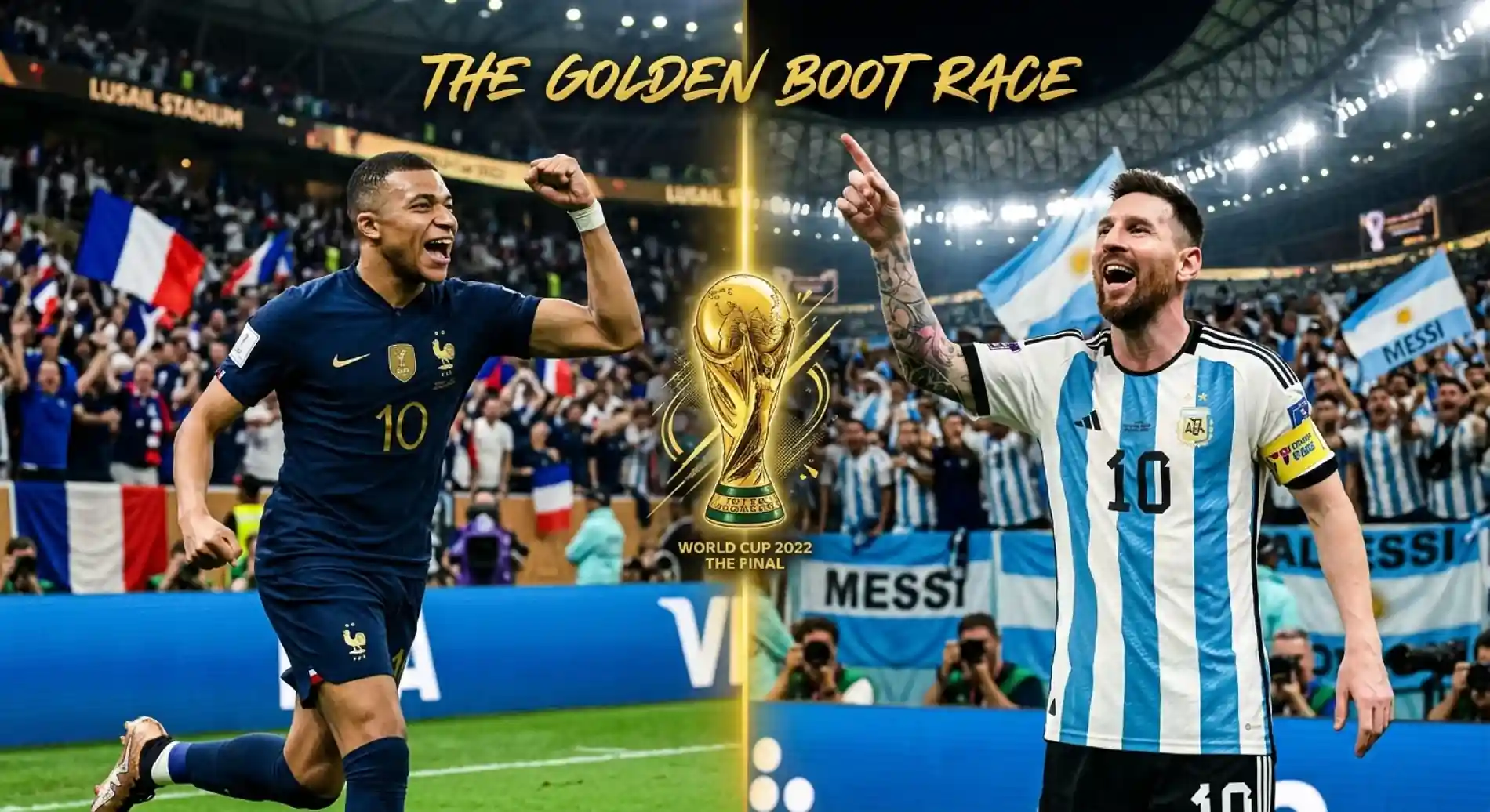 A split-style stadium scene evoking the Golden Boot duel between Mbappé and Messi