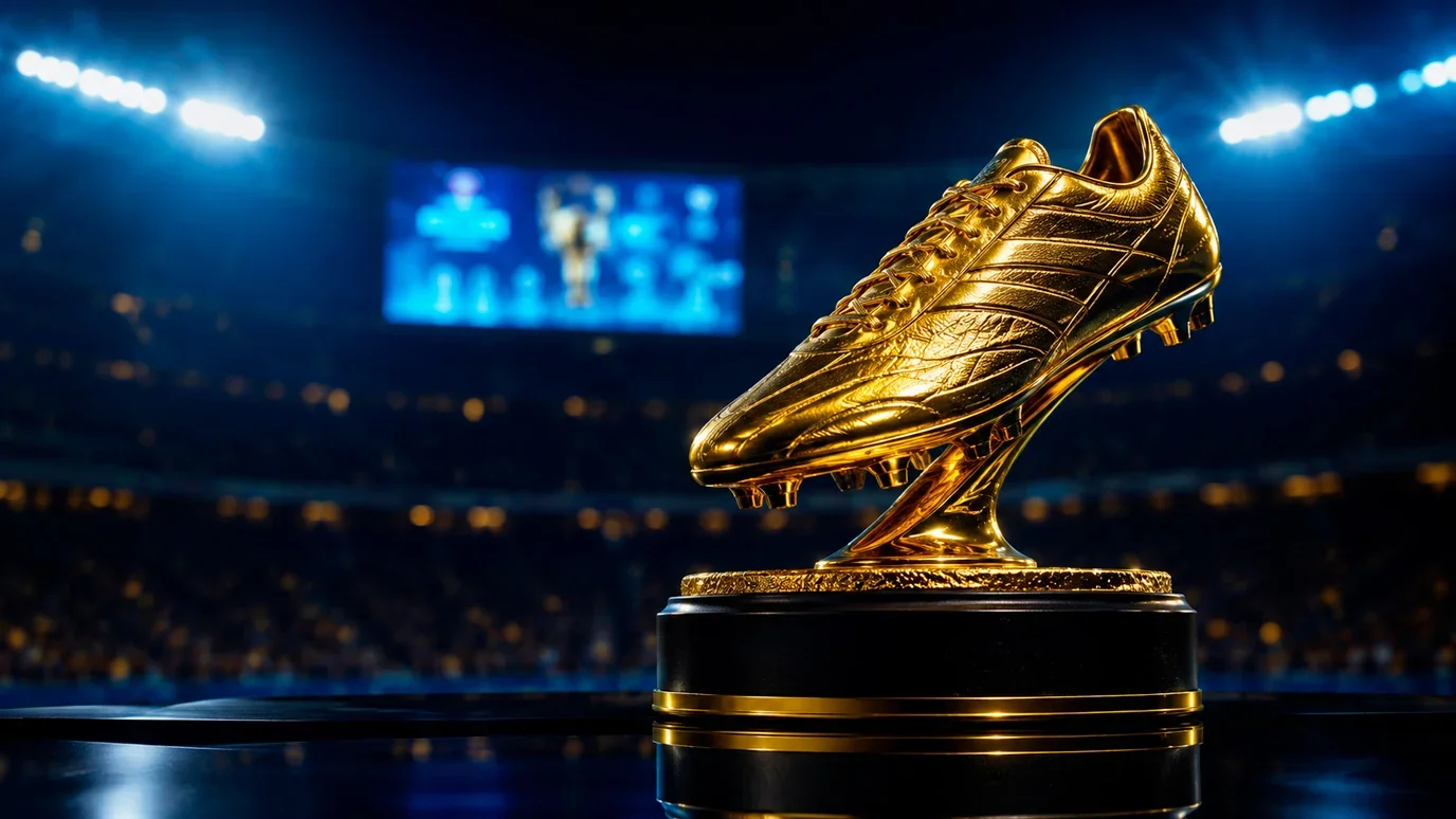 A golden football boot trophy under stadium lights with a scoreboard glowing in the background