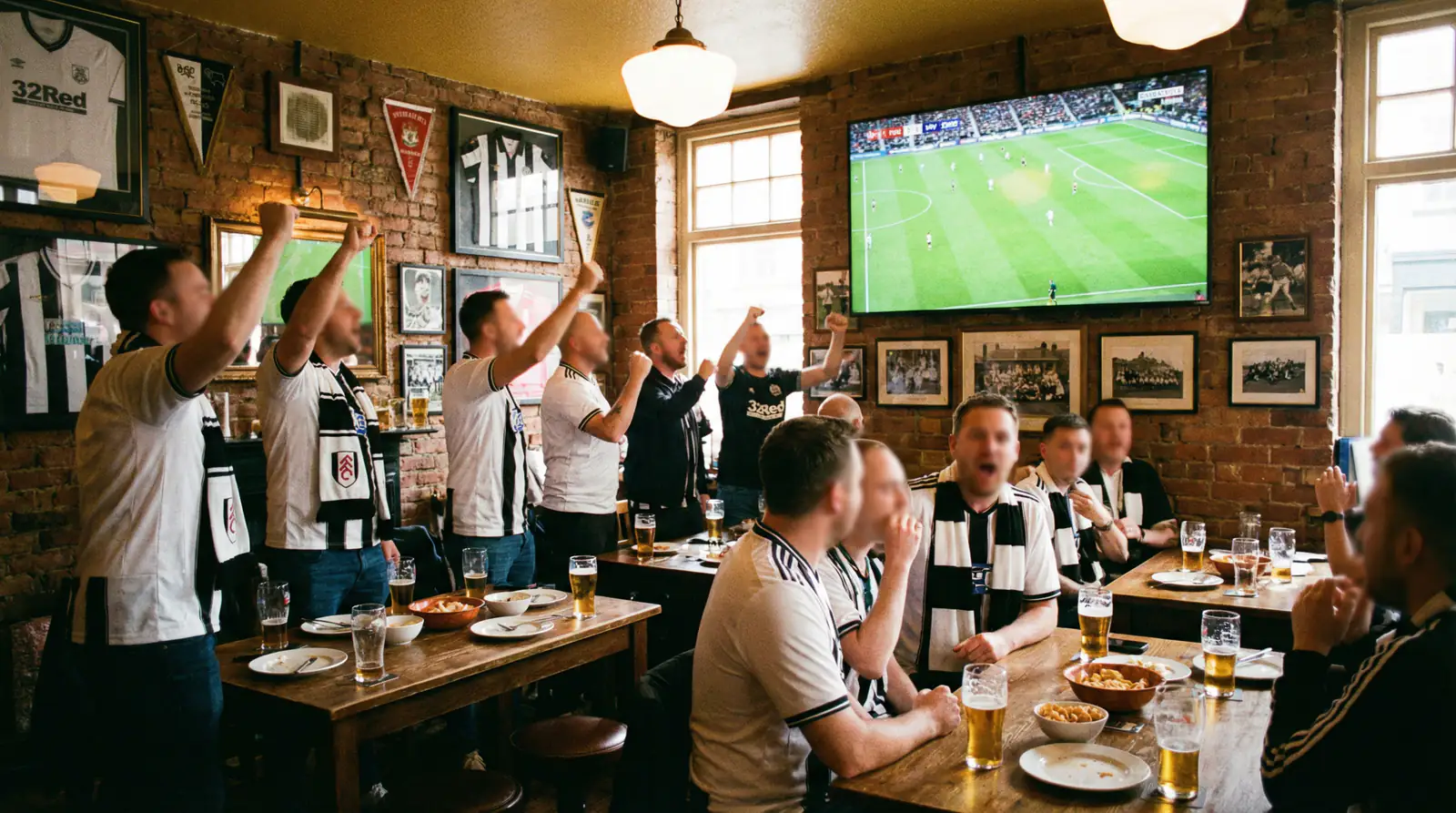 New Zealand football fans in team jerseys watching a match on a large screen inside a sports bar