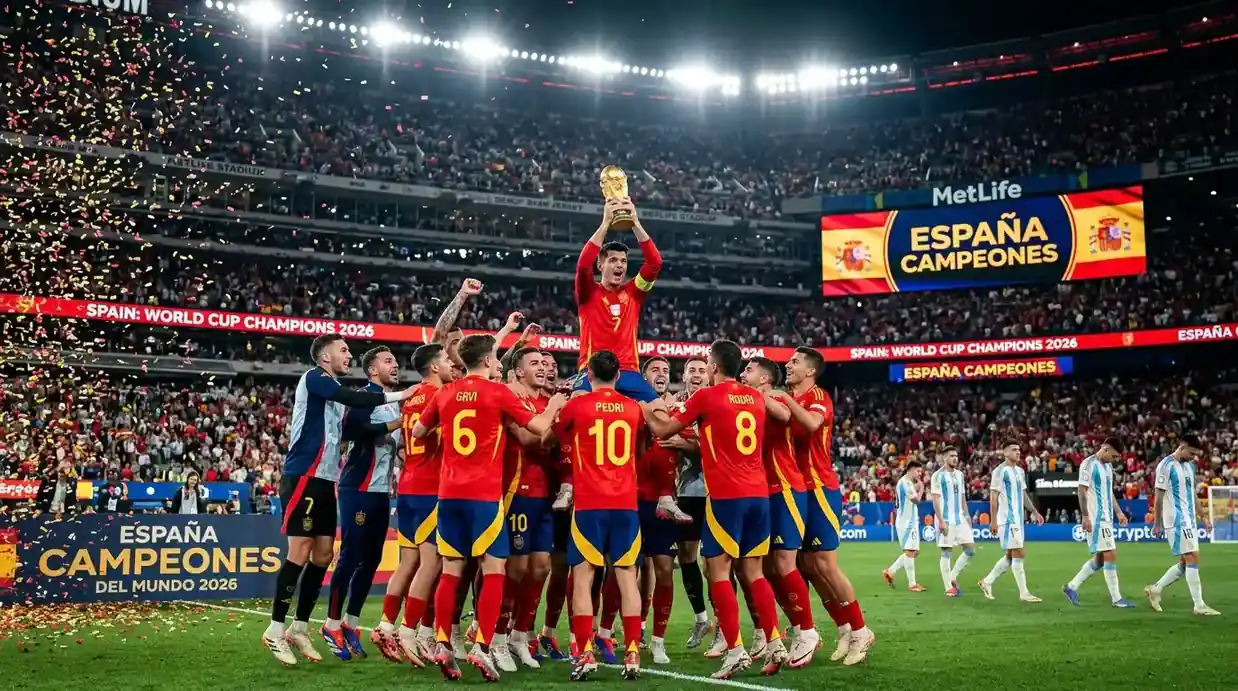 Spain celebrate their 2026 World Cup triumph after Ferran Torres' extra-time winner against Argentina at MetLife Stadium