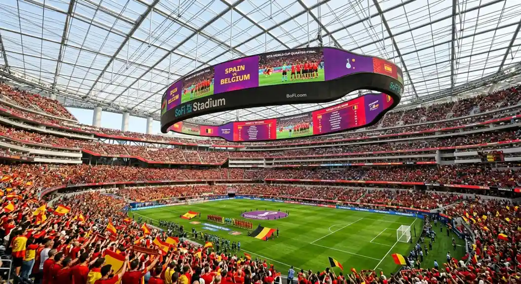 SoFi Stadium in Inglewood set up for a World Cup quarter-final under its fixed canopy roof