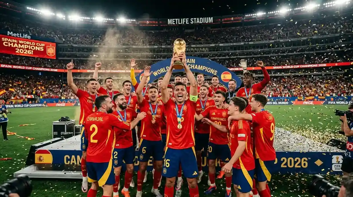 Spain lift the FIFA World Cup trophy after their 2026 triumph, surrounded by confetti and celebrating players
