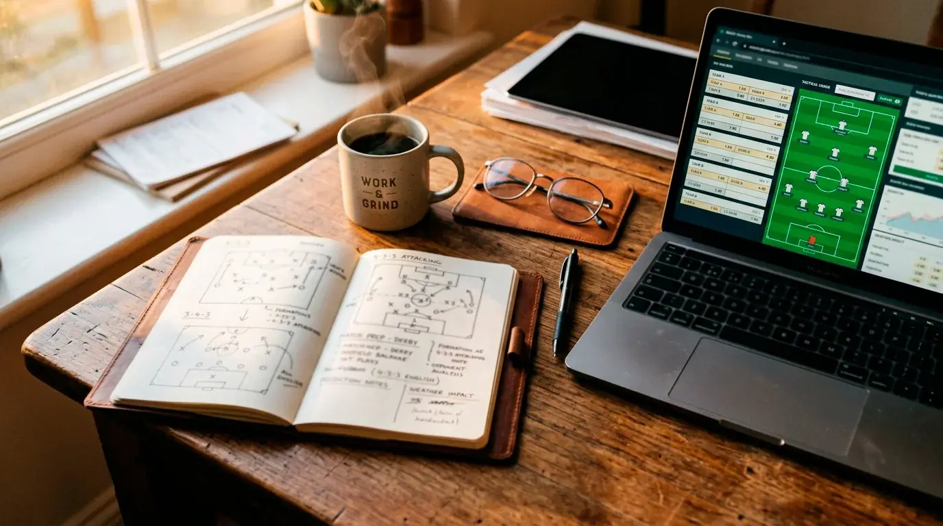 A football betting analyst's desk with a tactics notebook, laptop showing decimal odds and a coffee, early morning light