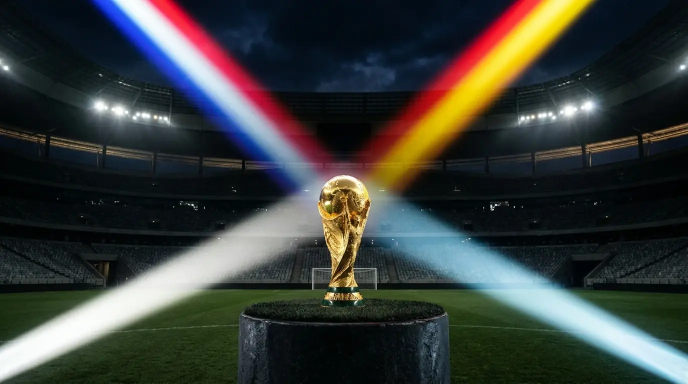 A World Cup trophy-style image with four national flag colours converging, evoking the four semi-finalists