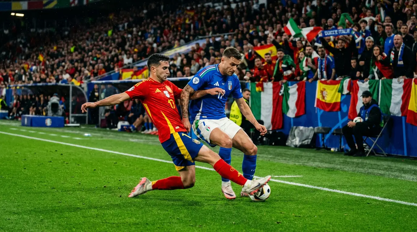 Two opposing football teams contesting for the ball during a group stage match under bright stadium floodlights